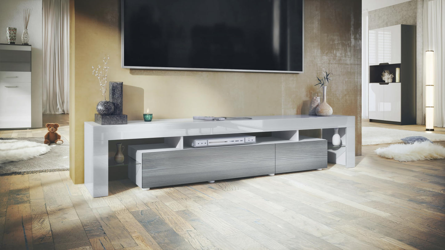 Vladon TV Stand Unit Lima V2, Carcass in White/Front in Black High Gloss