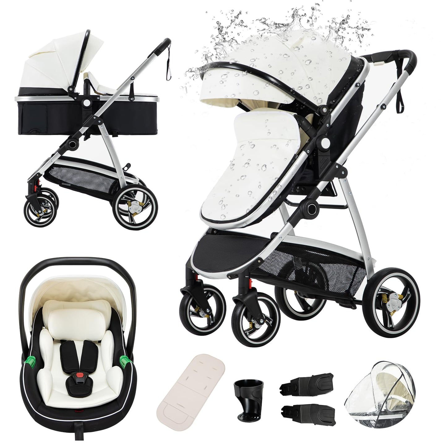 Gcarebb PU Leather 3-in-1 Pram, Buggy with Car Baby Seat, Foldable Portable Pushchair Complete Set, Combination Pushchair with Aluminium Frame for Newborns 0-4 Years