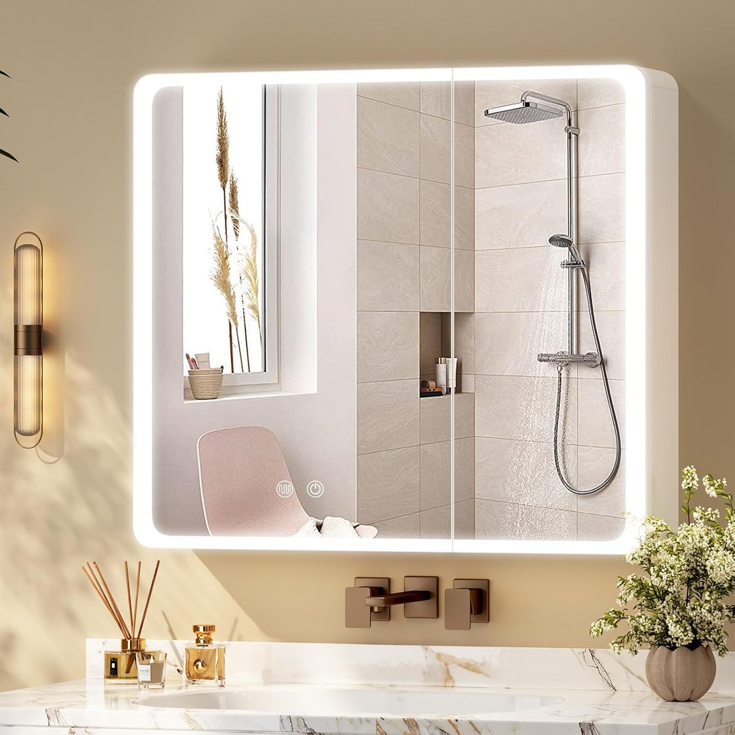 Aovquof Mirror Cabinet with Lighting - 90 x 60 cm Bathroom Mirror Cabinet with Storage Space, Bathroom Mirror Cabinet with Adjustable Dimmable LED Lights with Demist Function, Modern Cream Colour