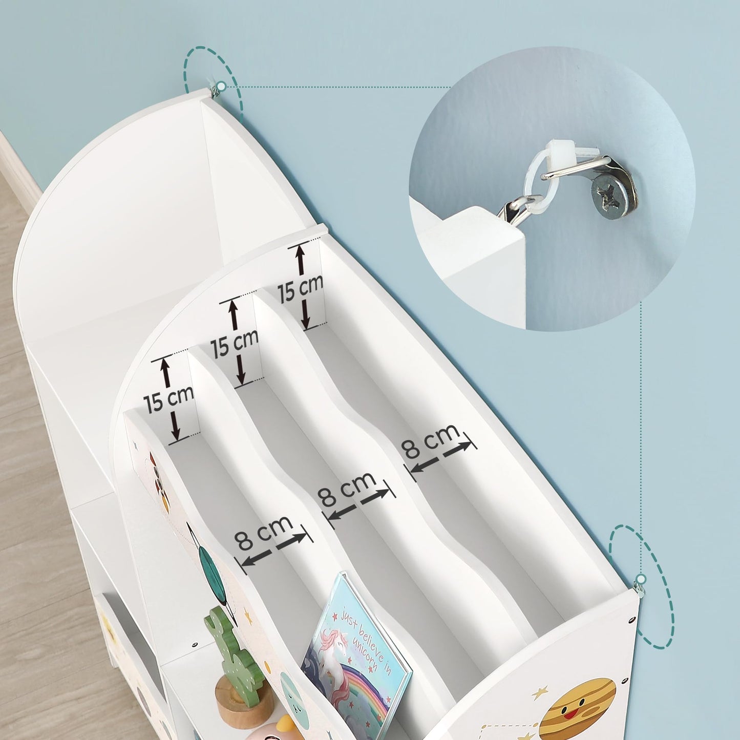 Songmics Children's Room Shelf, Toy Organiser, Bookcase for Children, Multifunctional Shelf with 2 Storage Boxes, Outer Space Stickers for Kids Bedroom, White GKR42WT