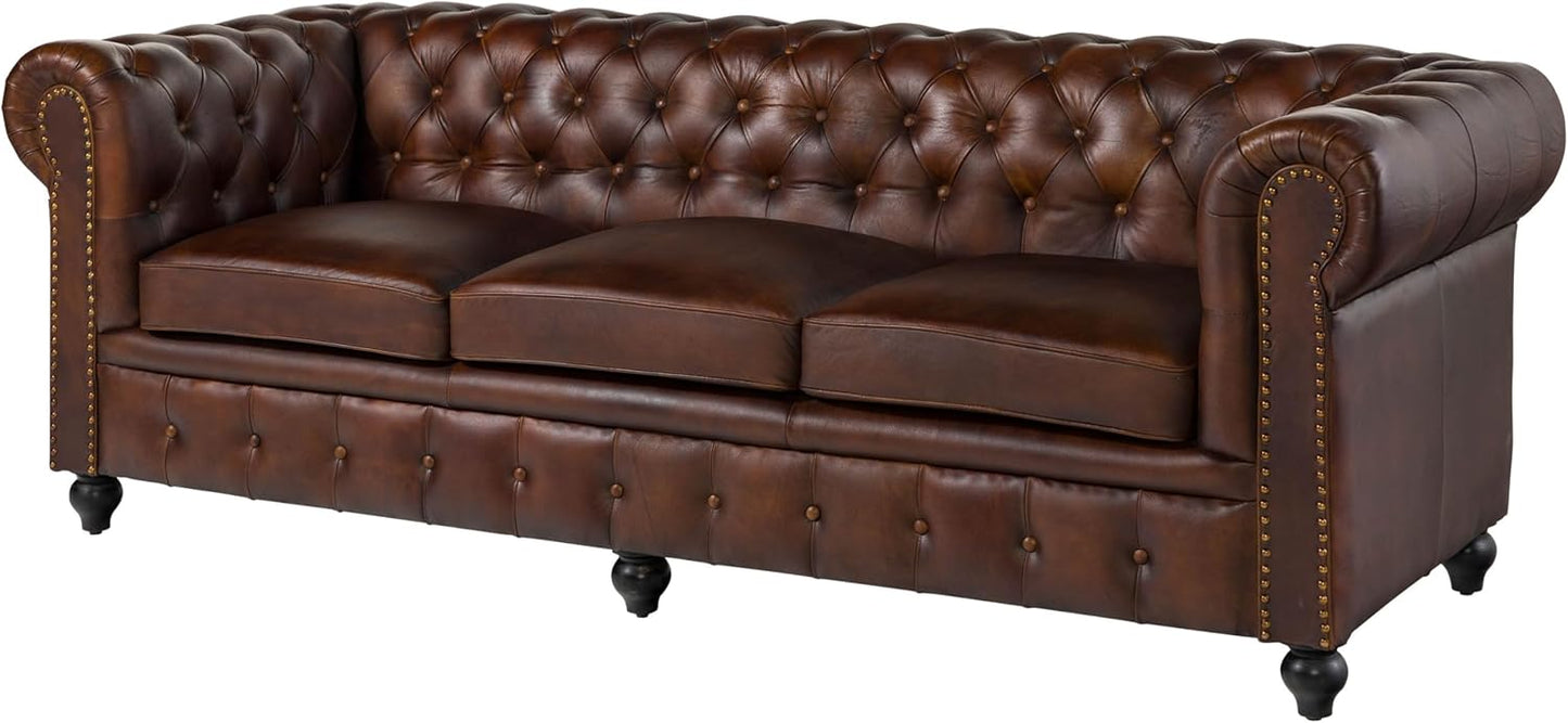 MASSIVMOEBEL24.DE Chesterfield #103 3-Seater Sofa Real Leather 218 x 82 x 76 cm Brown