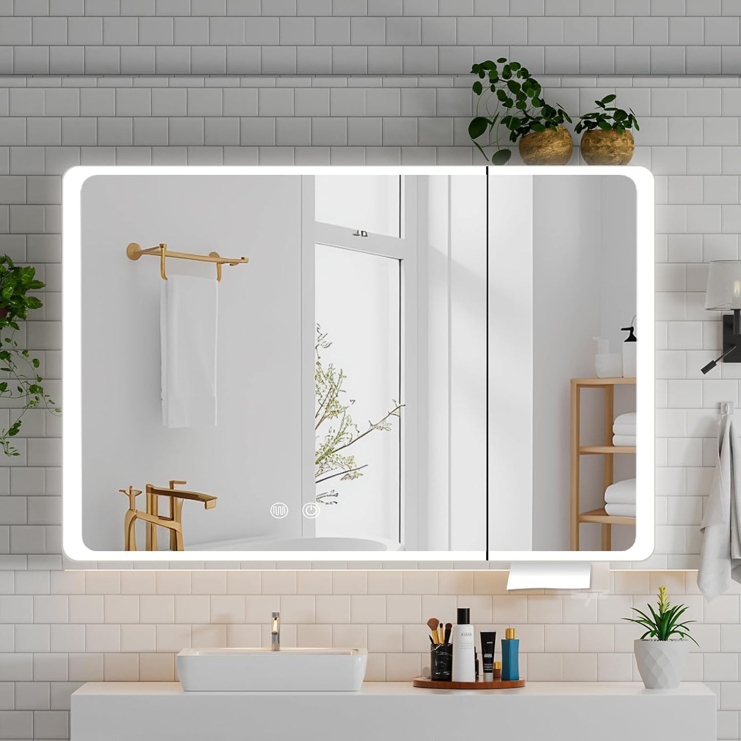 Aovquof Mirror Cabinet with Lighting - 90 x 60 cm Bathroom Mirror Cabinet with Storage Space, Bathroom Mirror Cabinet with Adjustable Dimmable LED Lights with Demist Function, Modern Cream Colour