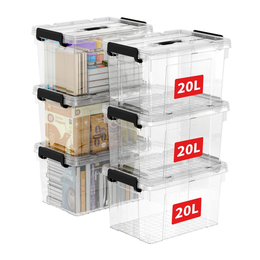 Cetomo 45 L x 3 Storage Boxes, Portable Plastic Boxes with Lids, Organiser Container with Handle and Clips, Stackable, Nestable, for Home and Office, Transparent, 45 L, Pack of 3