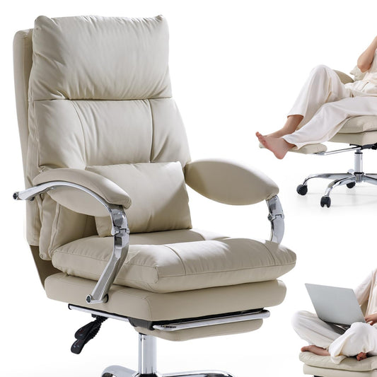 EMIAH Bürostuhl mit Fußstütze, Bequemer Schreibtischstuhl mit Gekreuzten Beinen und Armlehnen, Ergonomischer Chefsessel aus PU Leder mit Rollen, Computer Gaming Stuhl mit Verdicktem Kissen, Beige