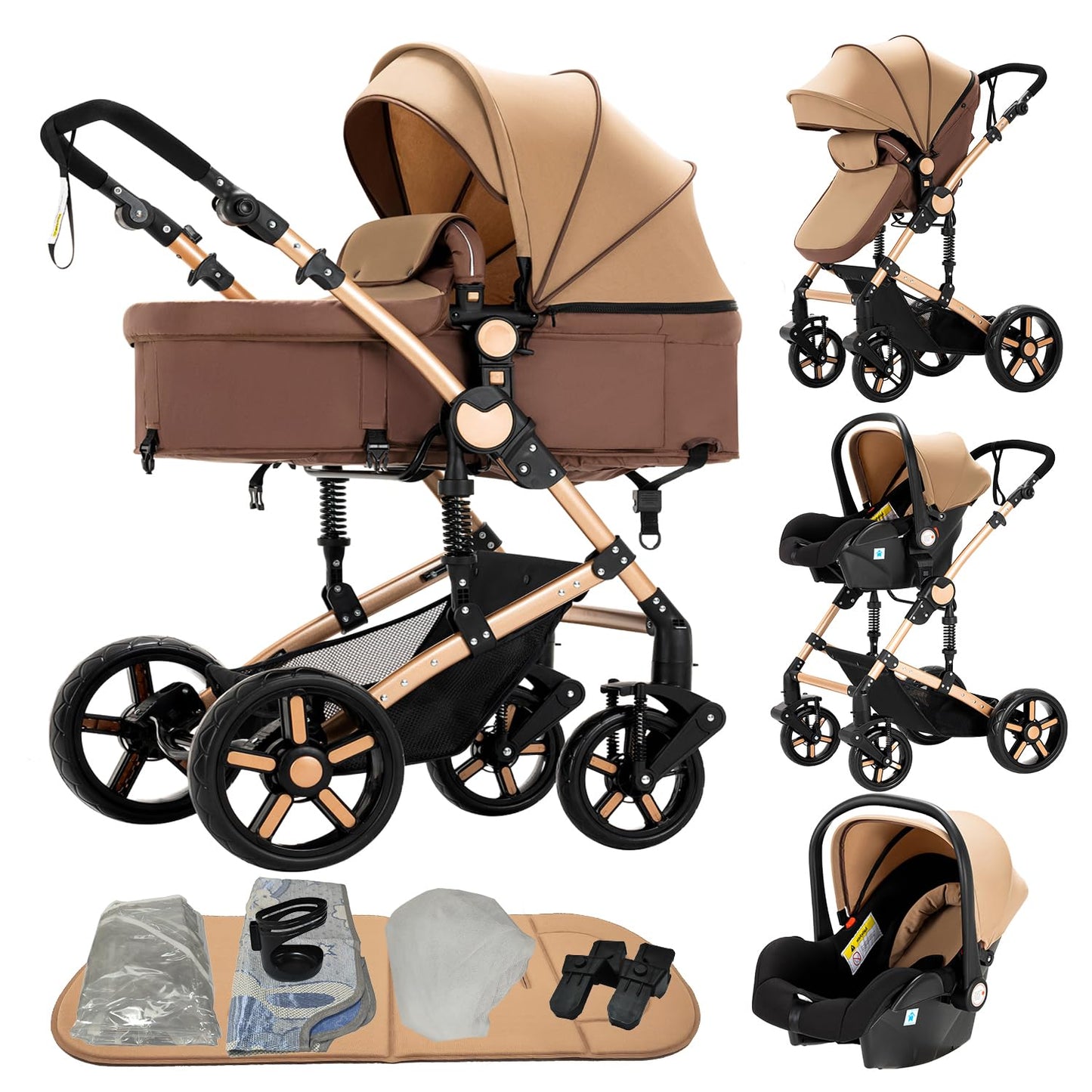 PU Leather Pushchair 3-in-1, Buggy with One-Click Folding Design, Pushchair with Two Reversible Sliding Modes, Combination Pushchair 3-in-1 Complete Set Frame Aluminium Alloy (518 Black)