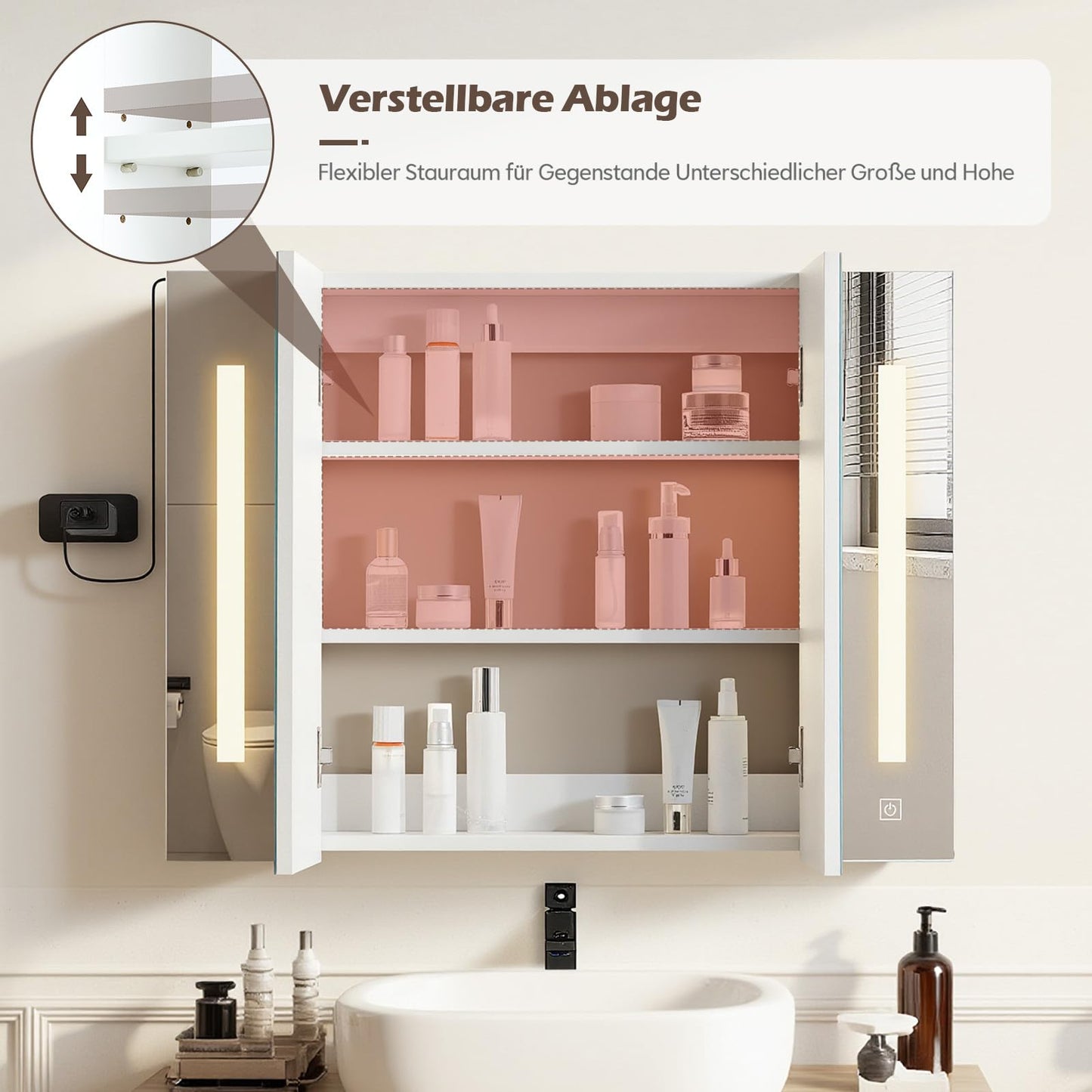 TUKAILAI Mirror Cabinet with LED Lighting, 6 Open Shelves and Adjustable Shelves, Bathroom Mirror with Touch Switch, Bathroom Mirror, Light Mirror, Wall Mirror, Bathroom Cabinet for Bathroom