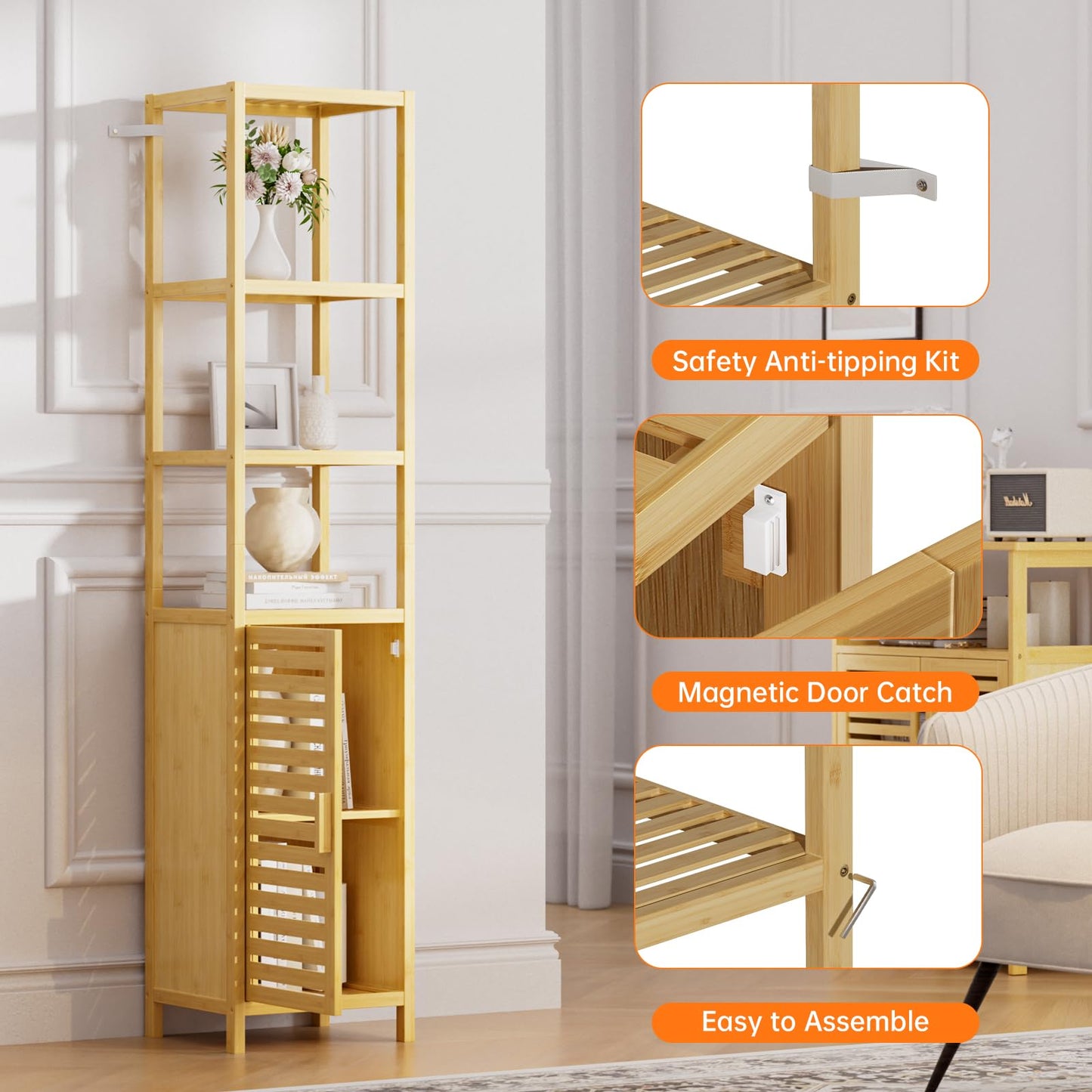 HITNET Bathroom Cabinet Bamboo Black Bathroom Cabinet Tall Cabinet Narrow Freestanding Floor Standing with Open Shelf and Single Door