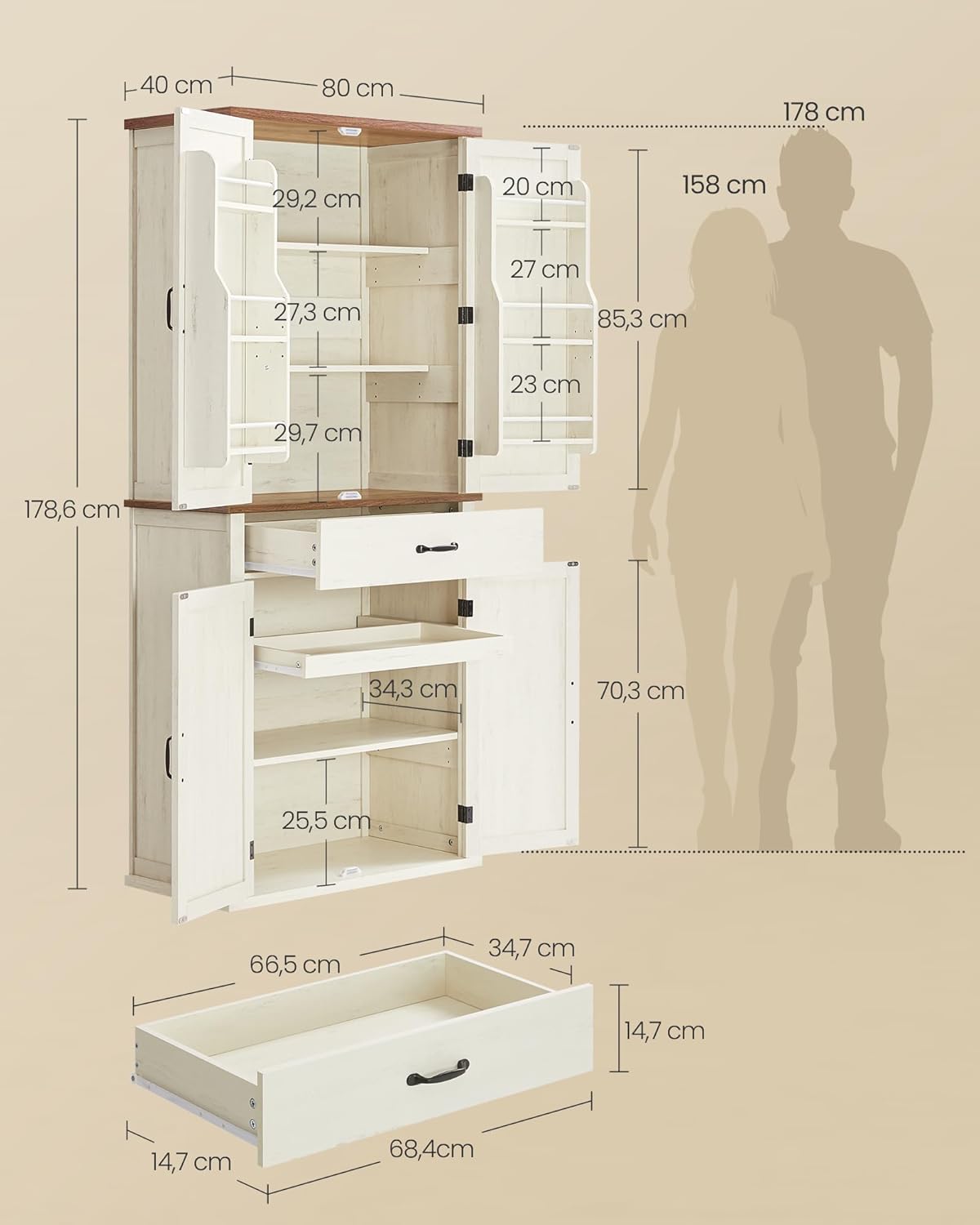VASAGLE Kitchen Cabinet 70" Tall Multi Purpose Cabinet Country Style with Sliding Doors Drawer Shelf and Adjustable Shelves Kitchen Dining Room Vintage White BBK364W02