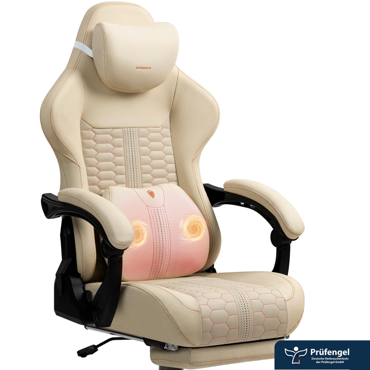 Dowinx Big and Tall Gaming Chair with Massage Lumbar Support, Gamer Chair with Footrest, Ergonomic Computer Chair, PU Leather, 180 kg, Brown