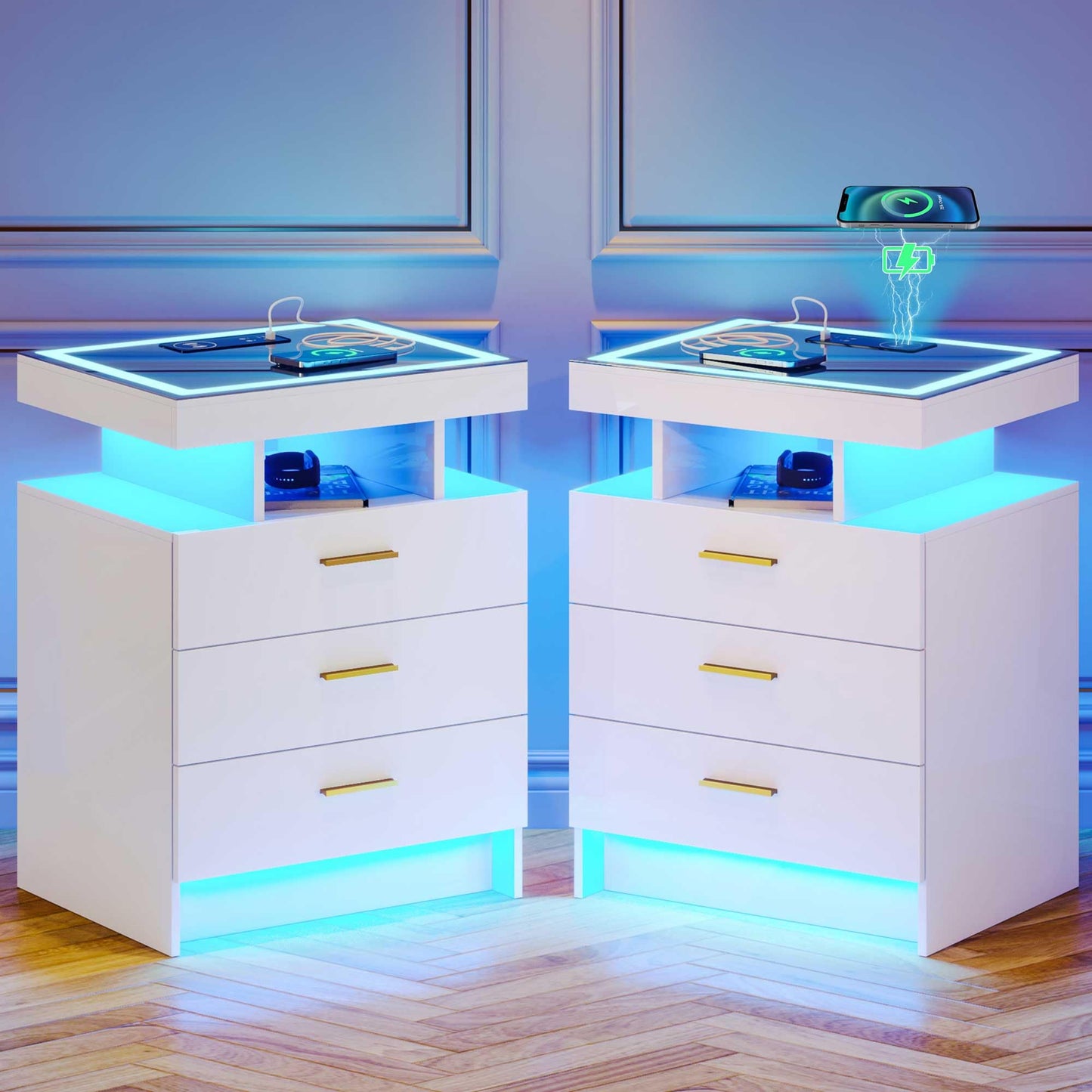 Lvifur LED Bedside Table with Charging Function, Smart Bedside Cabinet with 3 Lights, Dimmable, High Gloss Sideboard with 3 Drawers, USB Type-C Automatic Sensor, Bedroom, White