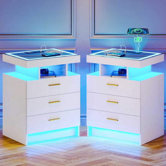 Lvifur LED Bedside Table with Charging Function, Smart Bedside Cabinet with 3 Lights, Dimmable, High Gloss Sideboard with 3 Drawers, USB Type-C Automatic Sensor, Bedroom, White