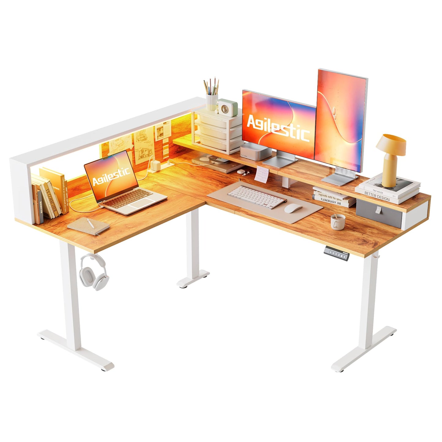 Agilestic L-Shaped Height-Adjustable Desk, 160 x 140 cm Desk, Height Adjustable, Electric, Corner Desk, Ergonomic Standing Seat Table, Computer Desk, White