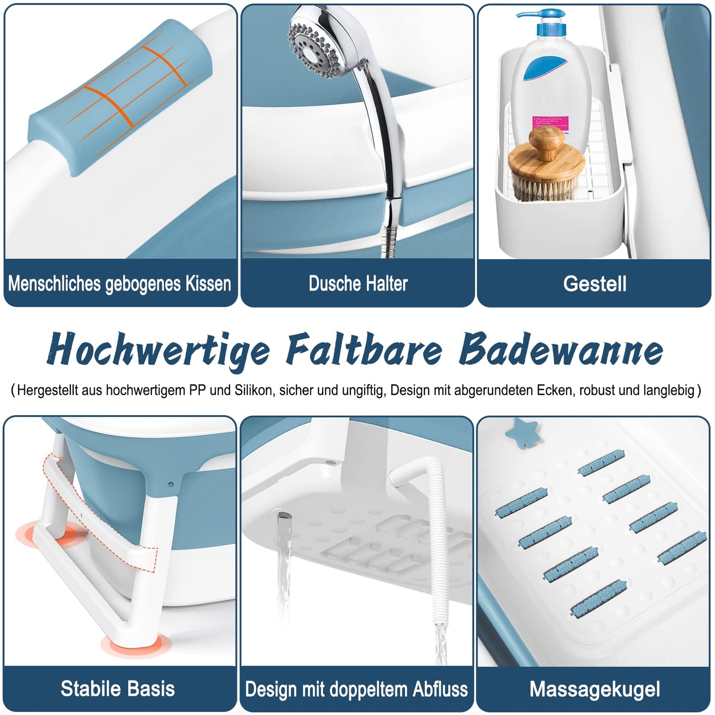 LARS360 Foldable Bathtub, Adult, Travel Bathtub, Folding Bathtub with Removable Cover, Soap Basket, Massage Rollers, Mobile Bathtub for Small Bathroom (118 x 62 x 53 cm)