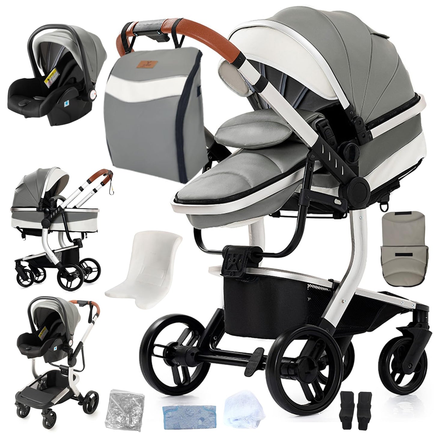 Doraystar 360° Rotation PU Leather Pushchair 3-in-1 Combination Pushchair 3-in-1 with Two Reversible Sliding Modes, Pushchair Complete Set with One-Click Folding Design, Aluminium Alloy Frame (906