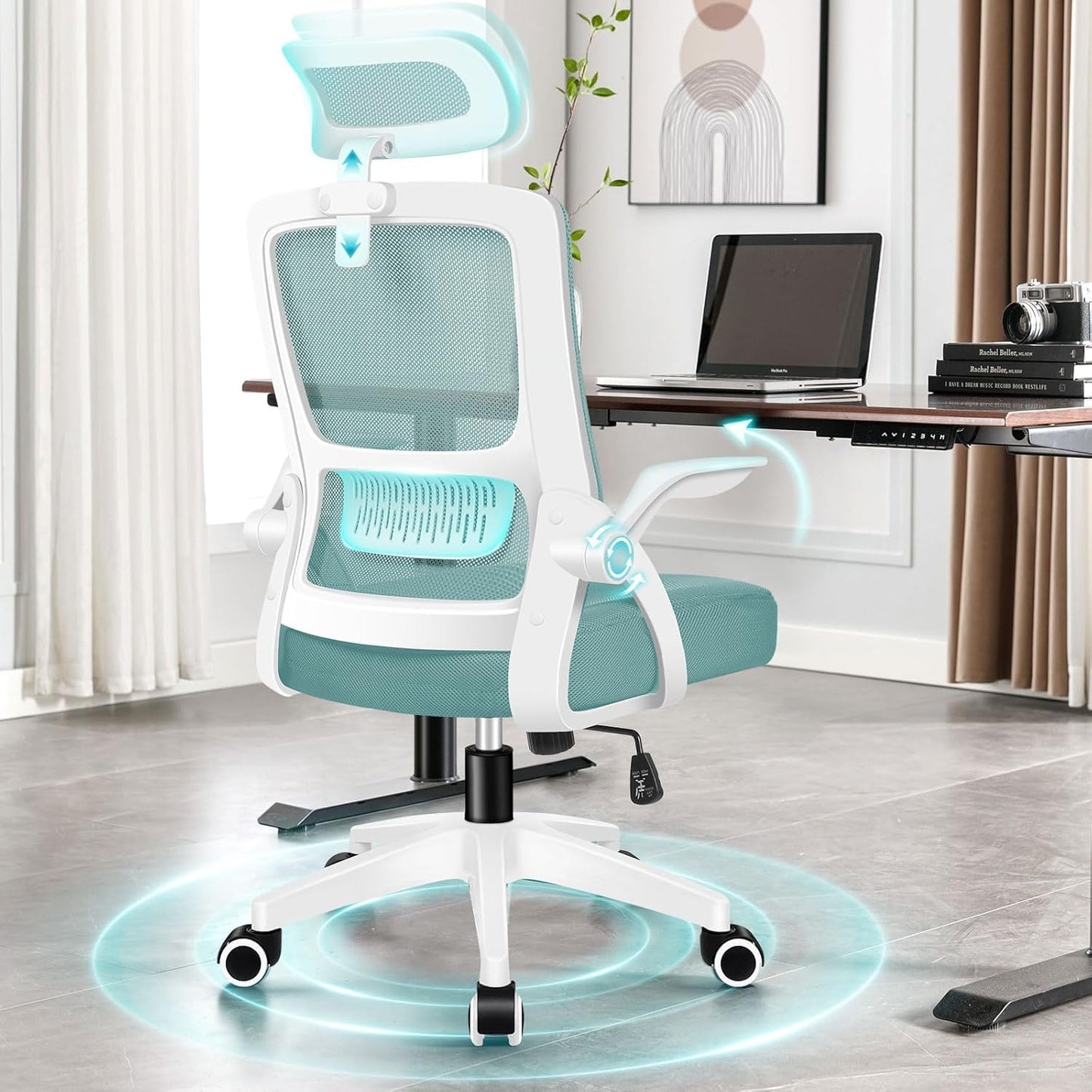 ALFORDSON Ergonomic Office Desk Chair, Computer Chair with Dynamic Lumbar Support, Tilting Swivel Chair with Flip Up Armrest, Black