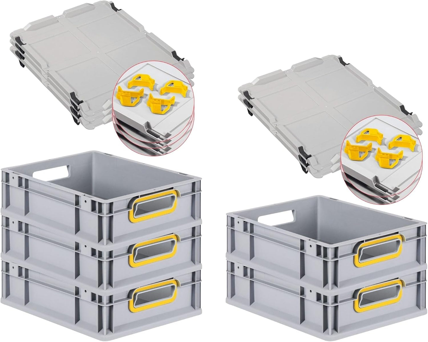 PROREGAL Economy Set of 5 Eurobox NextGen Colour with Lid and Sliding Snap Fasteners, H x W x D 22 x 30 x 40 cm, 20 L, Black, Closed Handles, Euro Container, Transport Box, Transport Container