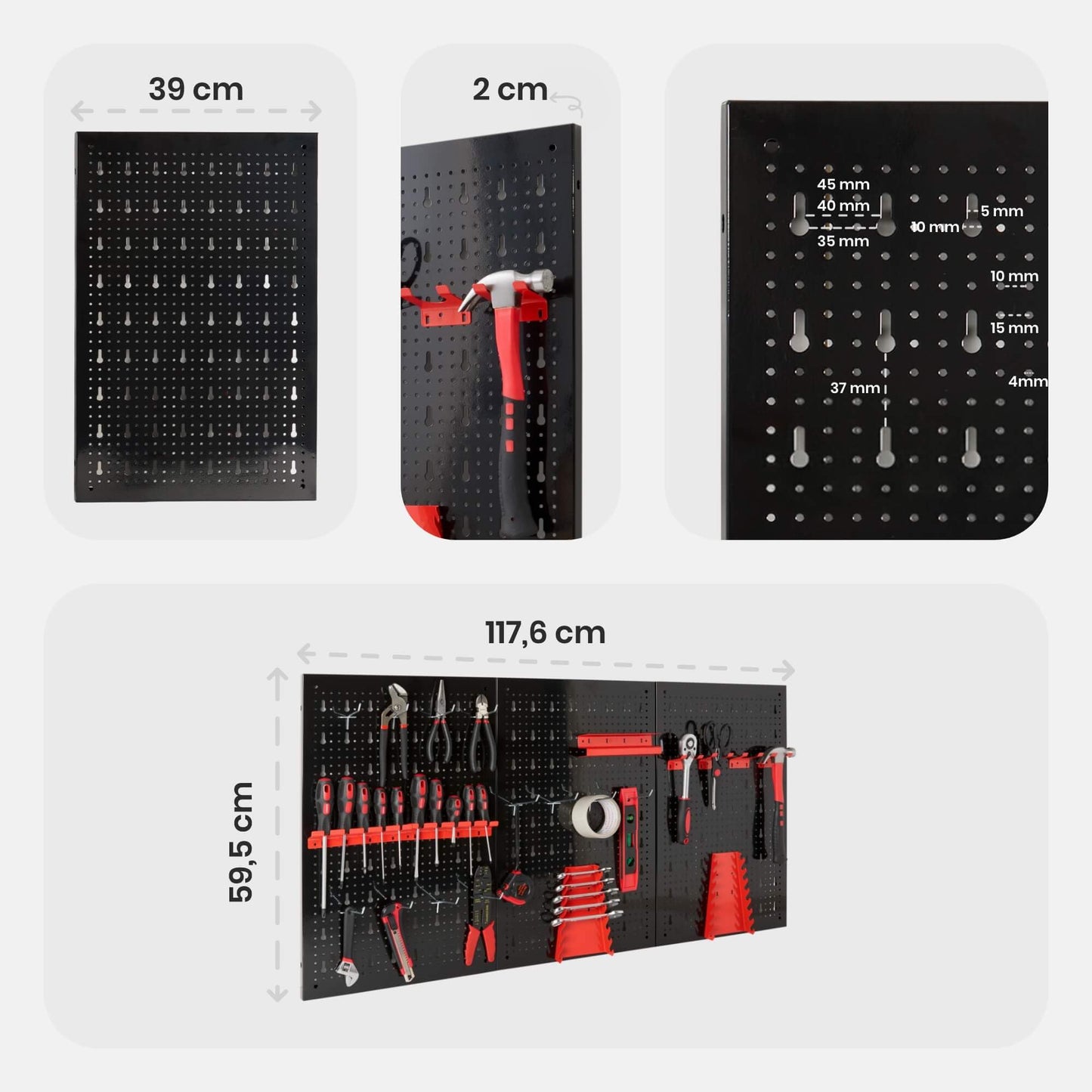 Arebos Tool Wall 3 Panels, 17- Piece Hook Set, 120 x 60 x 2 cm