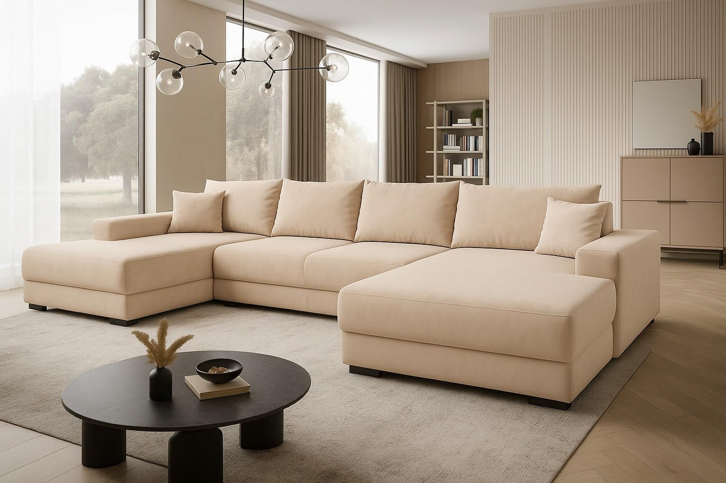 A&J MöbelLand VIENA Corner Sofa 328 x 182 cm with Sleep Function, Bonell Spring Core and Bed Box in Cream - Modern Sofa Bed with Storage Space