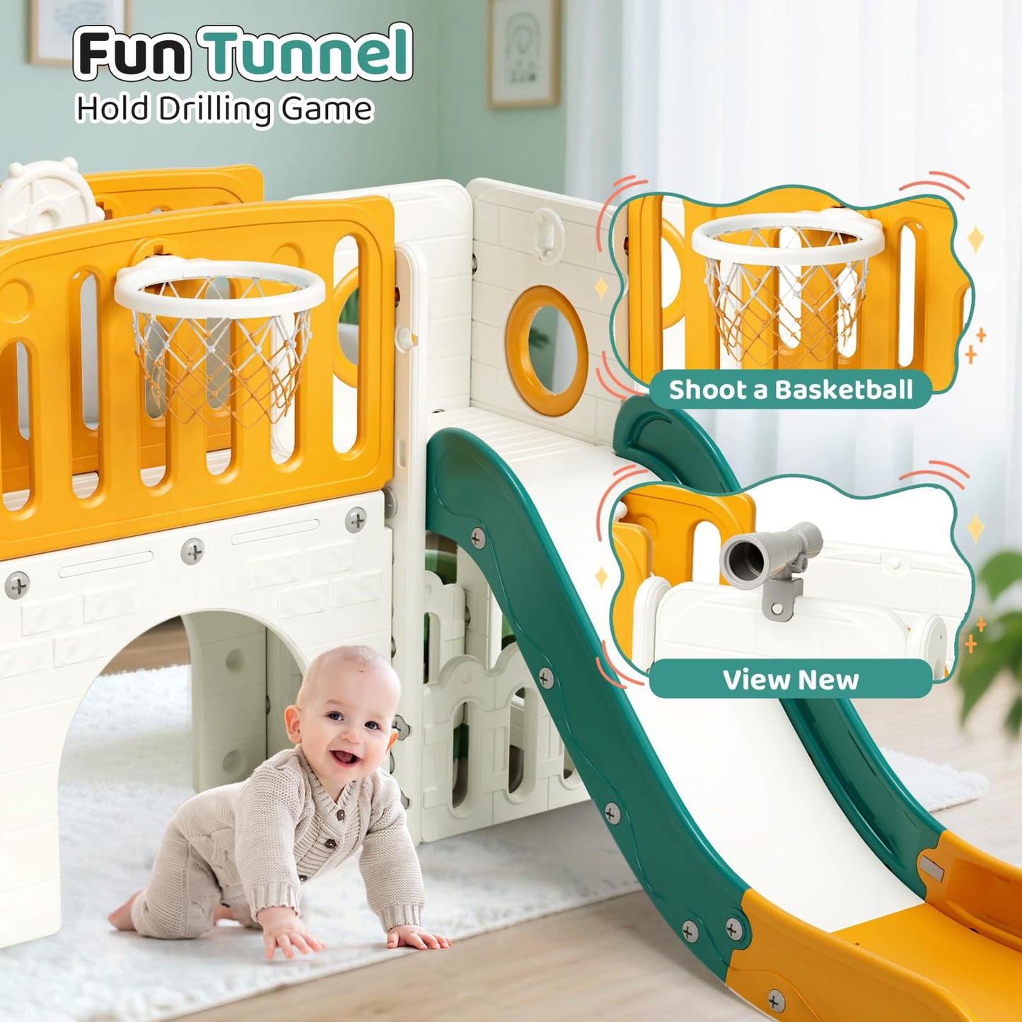 MAMIZO 9-in-1 Children's Slide, Children's Slide with Climbing Frame, Indoor and Outdoor Slide with Basketball Hoop and Telescope, Tunnel, Storage Space, Garden Slide, Children's Playground, with 2