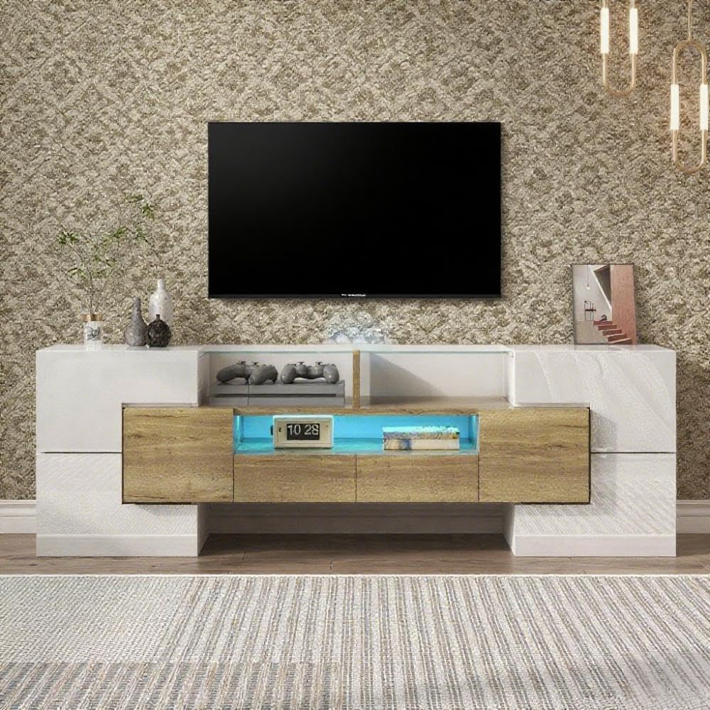 LANTRO JS TV Cabinet 200 cm Long with Elegant Glass Surface, TV Lowboard in Marble Look, TV Cabinet with LED Lighting, White and Black