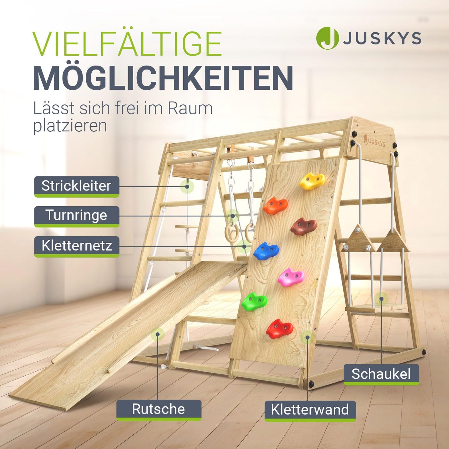 Juskys Mini Climbing Frame for Children - Indoor Playground with Slide, Climbing Wall, Climbing Net & Gymnastics Rings - Wooden Climbing Tower Foldable - Natural