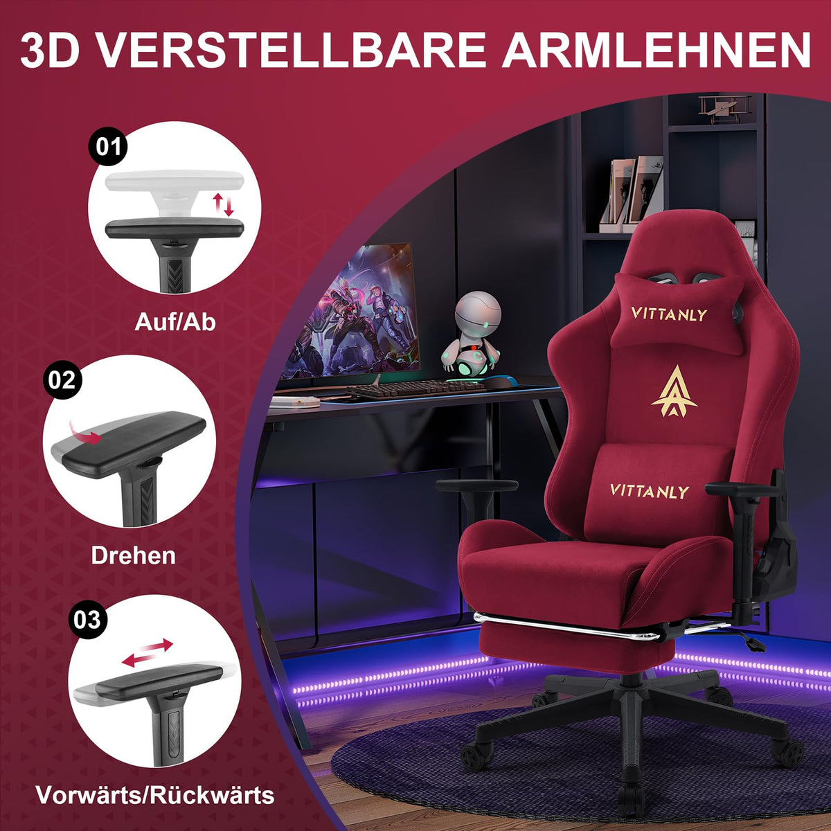 Vittanly Gaming Stuhl, Luxuriöser Wildlederimitat Gaming Chair Bürostuhl, Ergonomischer Schreibtischstuhl mit Fußstütze Kopfstütze und Lendenkissen, 3D Armlehnen, 90-155° Rückenlehne, Weinrot