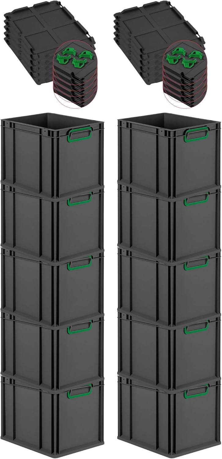 PROREGAL Economy Set of 5 Eurobox NextGen Colour with Lid and Sliding Snap Fasteners, H x W x D 22 x 30 x 40 cm, 20 L, Black, Closed Handles, Euro Container, Transport Box, Transport Container