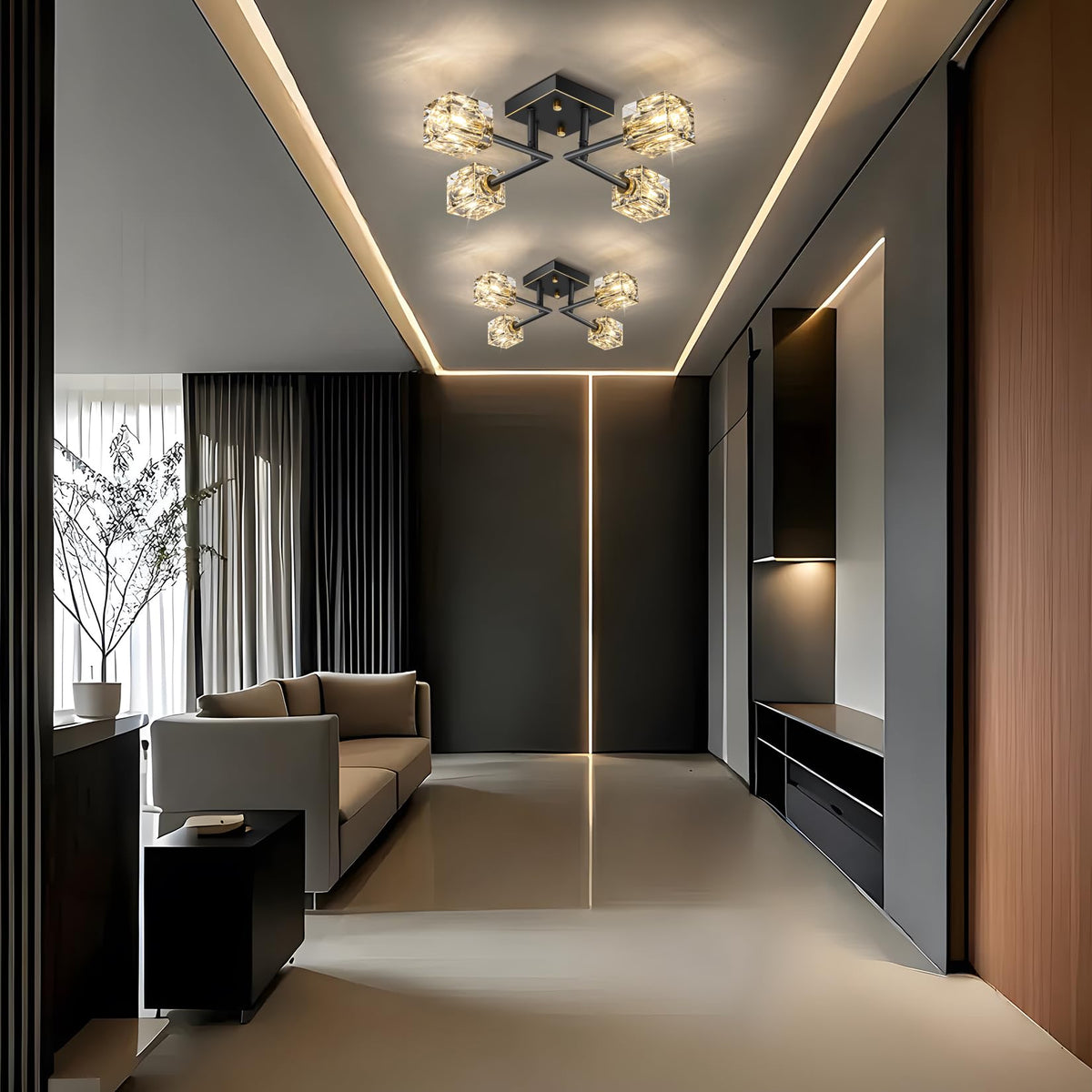 Modern Kistall Semi-Flush Ceiling Light Living Room, 8 Lights, Gold Crystal Chandelier, Semi-Flush Crystal Chandelier, Luxury Ceiling Light for Bedroom, Dining Room