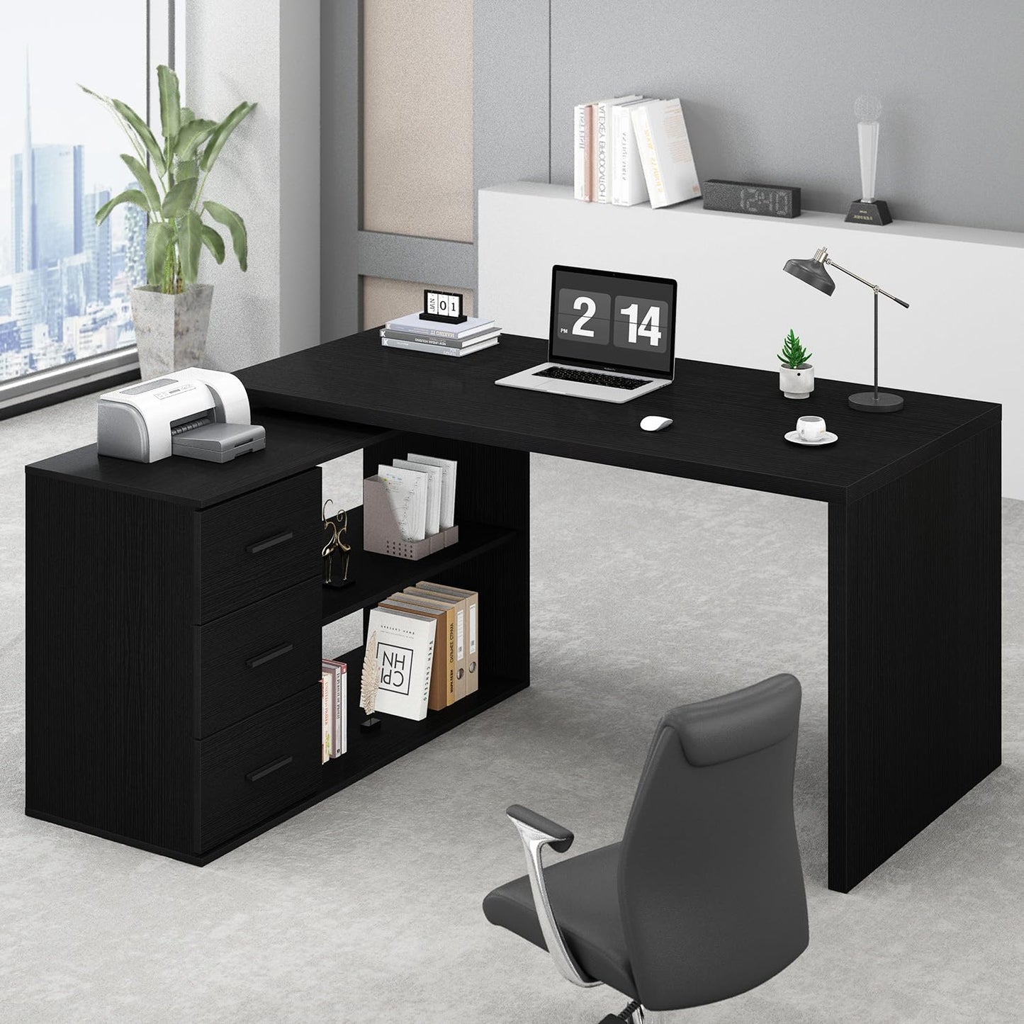 HSH Desk L Shape Modern Corner Desk Computer Desk with 3 Drawers and 2 Shelves Reversible Corner Desk with Storage Space for Home Office Table Desk White 140 cm