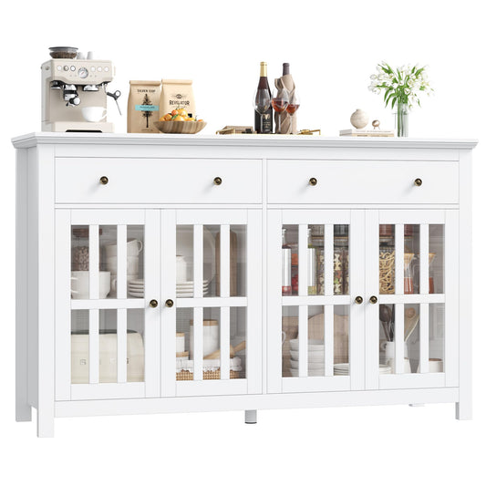 FirFurd Sideboard 140 cm Wide Kitchen Cabinet with Worktop Sideboard Living Room Kitchen Buffet Cabinet with 2 Drawers 4 Glass Doors Kitchen Buffet with Adjustable Shelves 140 x 40 x 91 cm Black