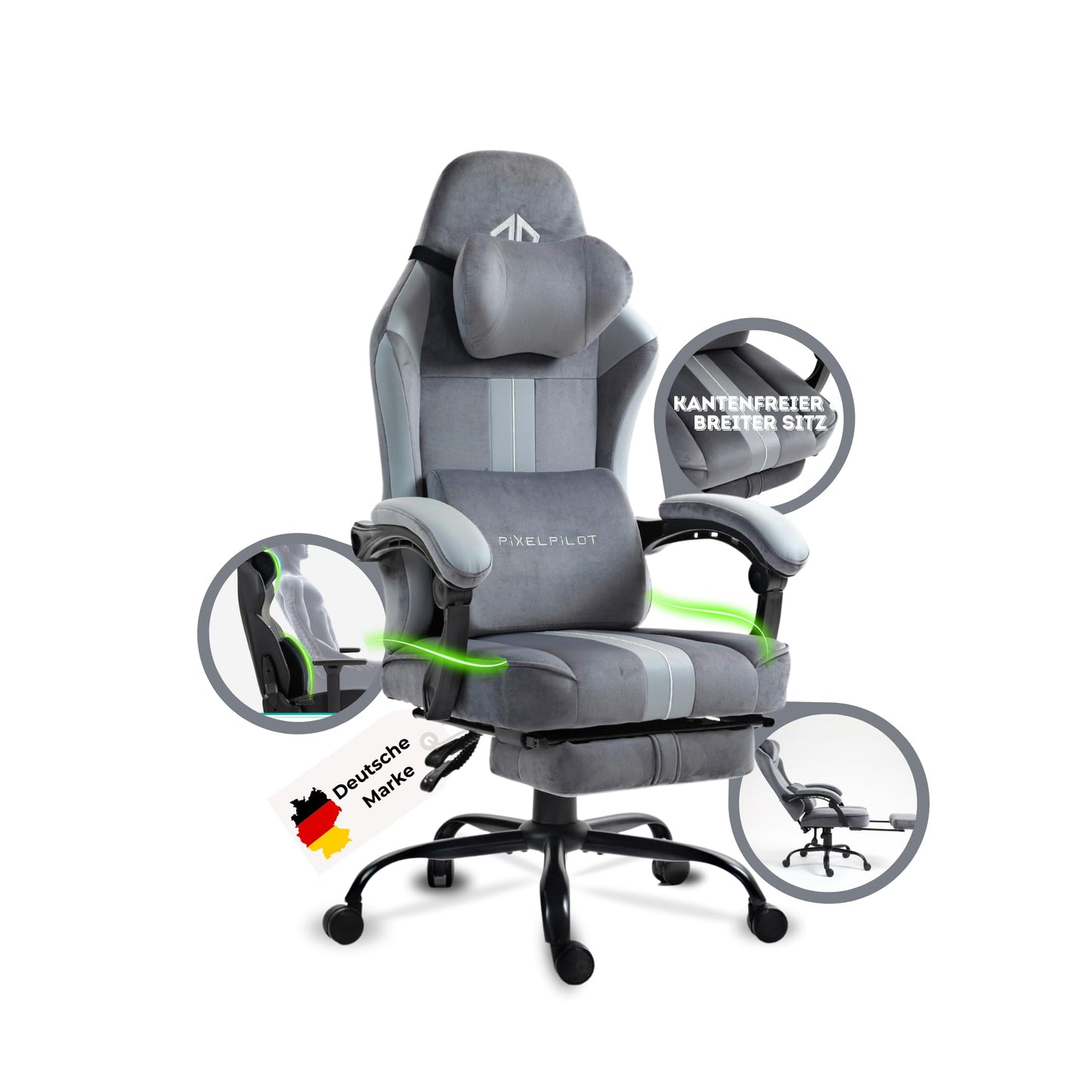 PixelPilot Ergonomic Gaming Chair [Breathable Fabric] Gaming Chair with Footrest, Head and Lumbar Support, Gamer PC Chair Wide Seat, Office Chair 150 kg Load Capacity (Nebula I, Grey)