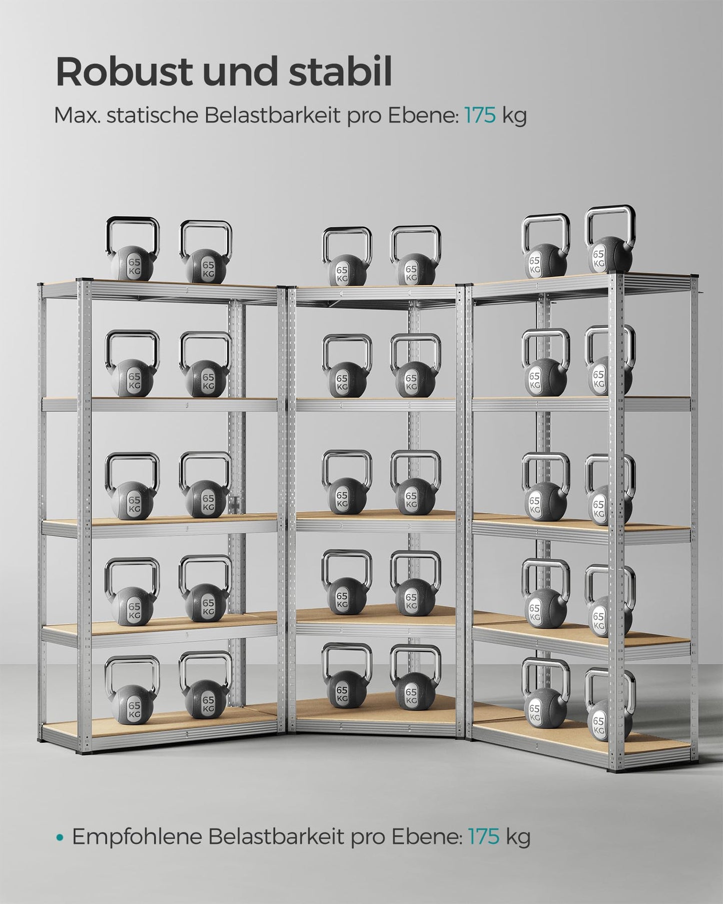 SONGMICS Corner Shelving Set, 5 Levels, Heavy Duty Shelf, Metal, Storage Shelving for Garage, Storage Room, Basement Shelf, Holds up to 2625 kg, Silver/Natural Beige, GLR070E03