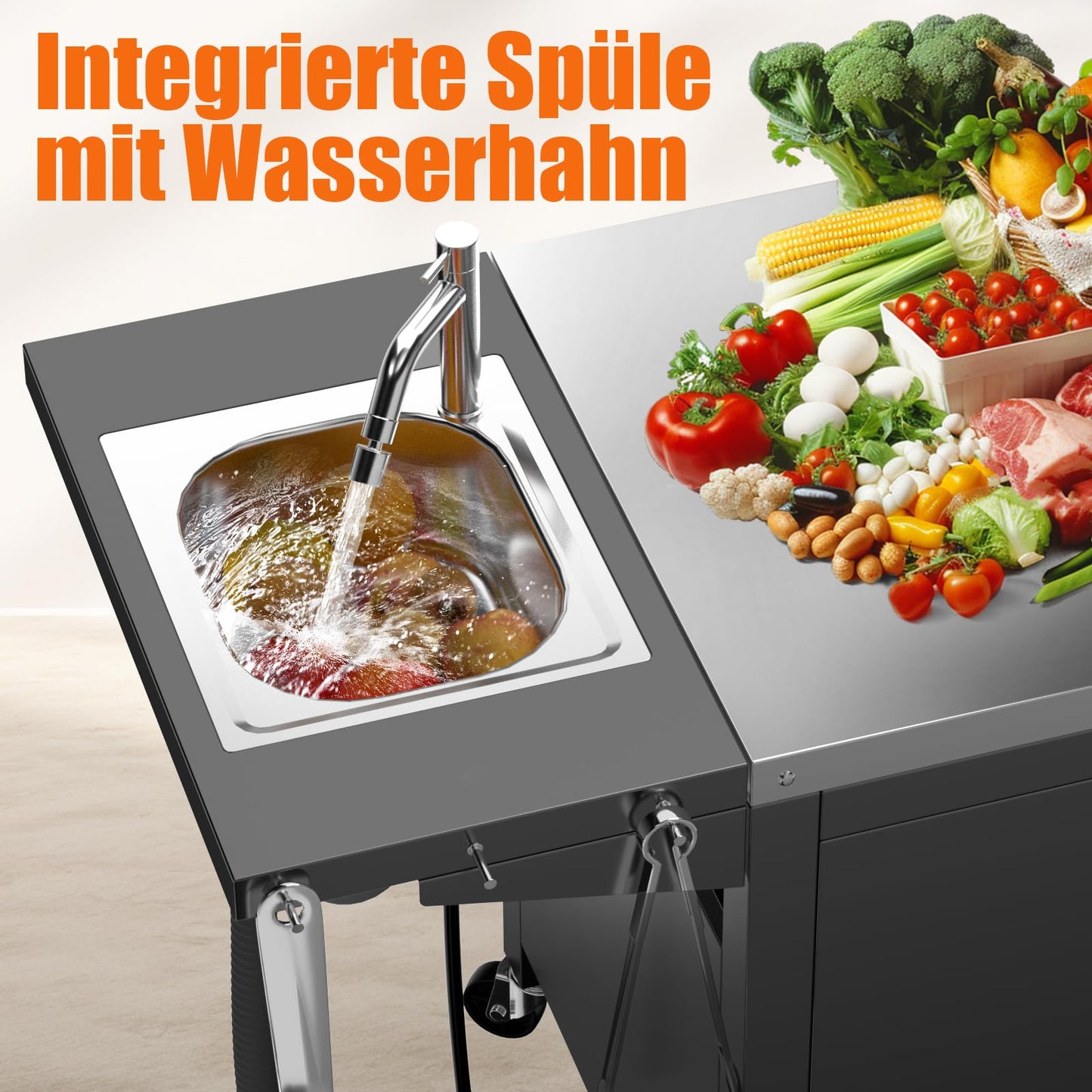 GFTIME Barbecue Trolley, 154 x 63 x 89 cm, Outdoor Kitchen Trolley, Outdoor Kitchen, Grill Table for Onni Pizza Ovens, Outdoor Kitchen for Ninja Woodfire and Weber Q Series, Mobile Pizza Oven Table