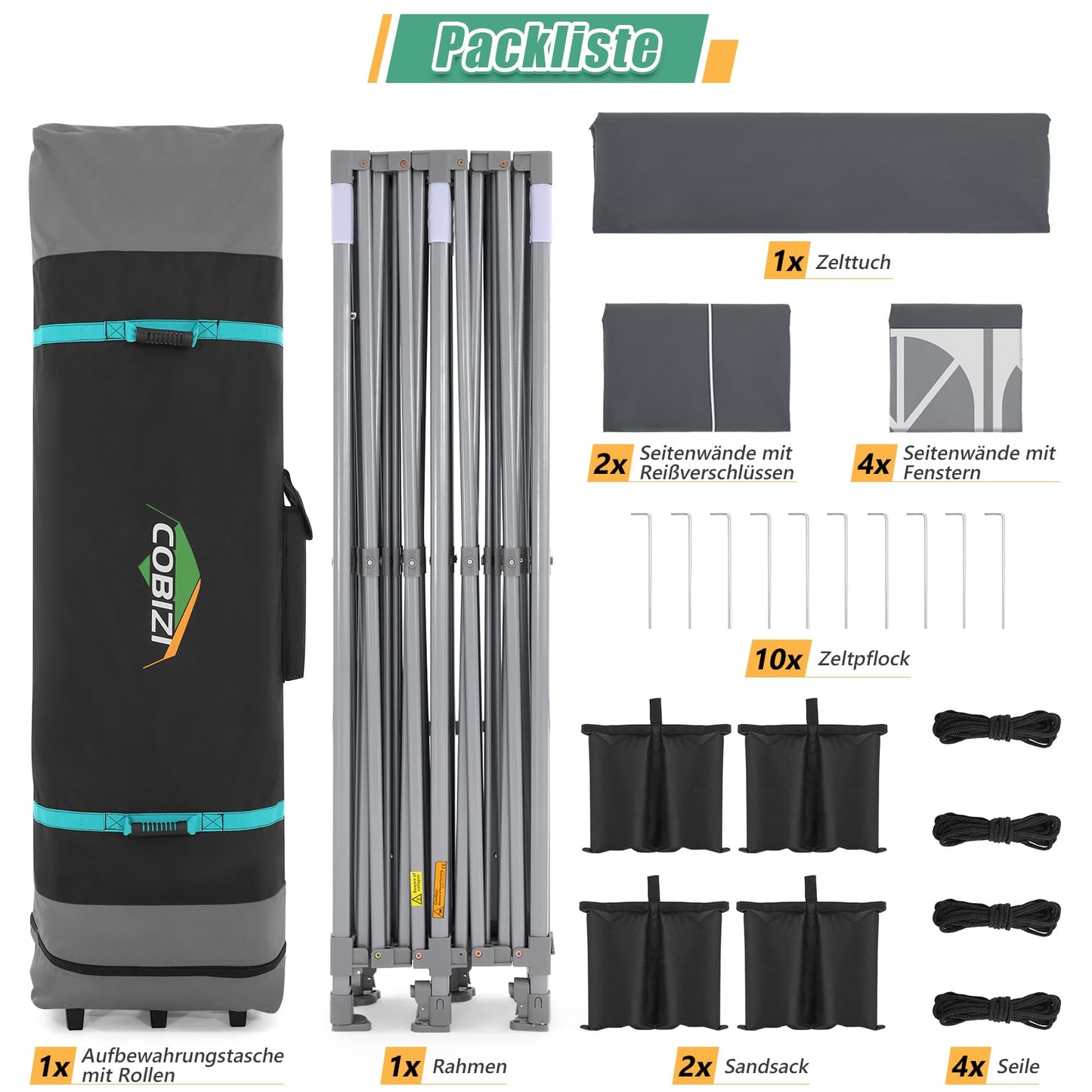 COBIZI Pavillon Faltpavillon 3x3 wasserdicht stabil Winterfest,Outdoor faltbar partyzelt，gartenpavillon mit 4 Seitenteilen und 4 Sandsack und Laufradtasche, Schwarz