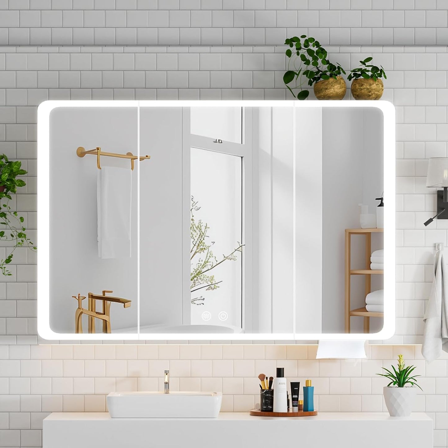 Aovquof Mirror Cabinet with Lighting - 90 x 60 cm Bathroom Mirror Cabinet with Storage Space, Bathroom Mirror Cabinet with Adjustable Dimmable LED Lights with Demist Function, Modern Cream Colour