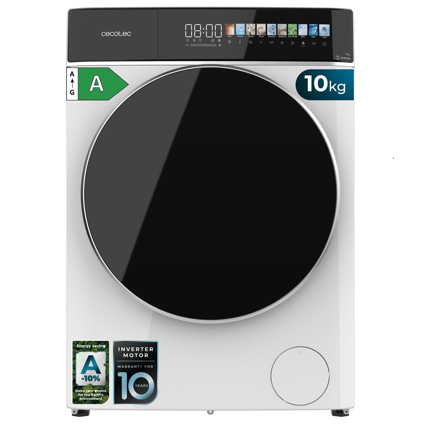 Cecotec Washing Machine 10 kg Front Loader Bolero Dress Code 10950 Car Socket Inverter 3D Steel A. 1400 rpm, Matrix Display 9.2 Inches, 16 Prog, Low Consumption, Inverter Plus Motor, Auto Dosage,