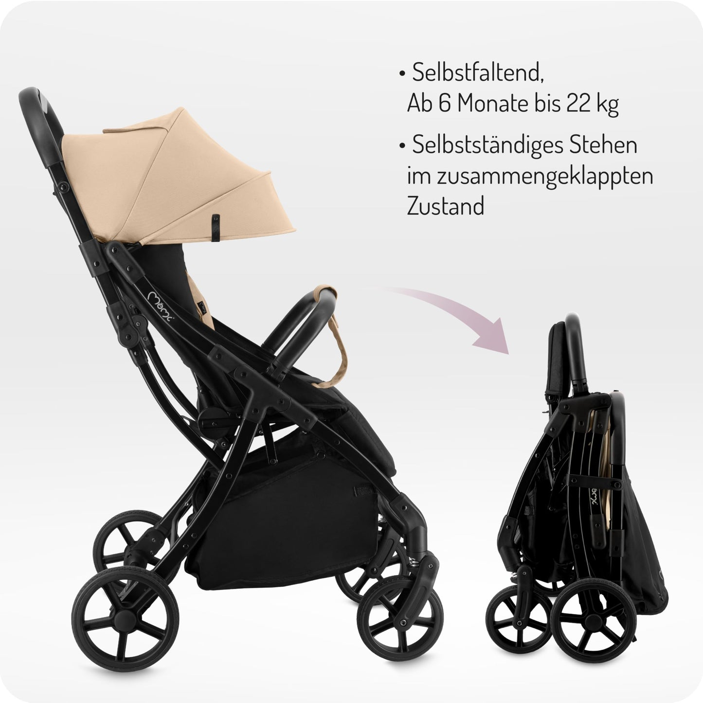 MoMi Paola Children's Buggy with Automatic Folding System, up to 22 kg Body Weight, 5-Point Safety Belt, Shopping Basket up to 2 kg, All 4 Wheels with Shock Absorption, Holder for a Drinking Bottle