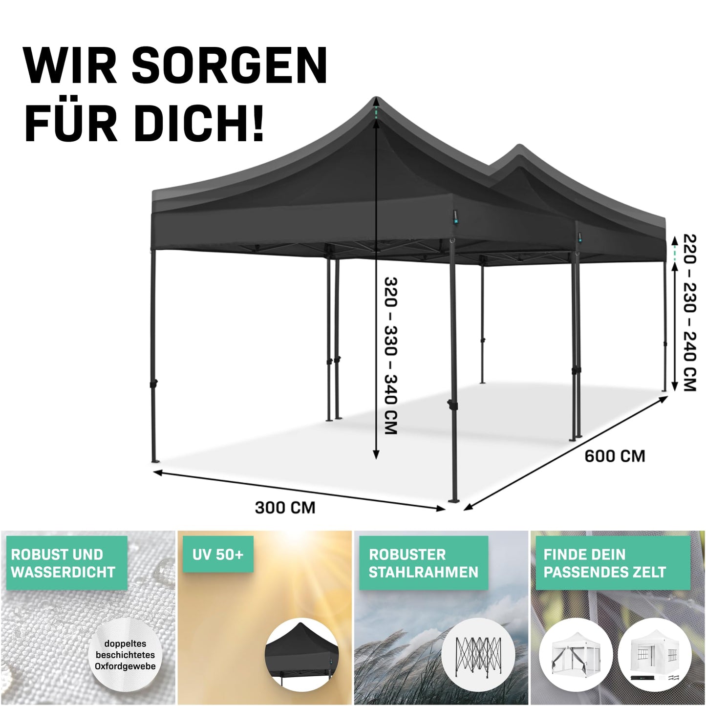 VONROC Gazebo 3 x 3 m Waterproof Stable – Party Tent EasyUp System [3Min Assembly] Pop-up Folding Gazebo Modular Expandable as Festival Tent, Garden Gazebo