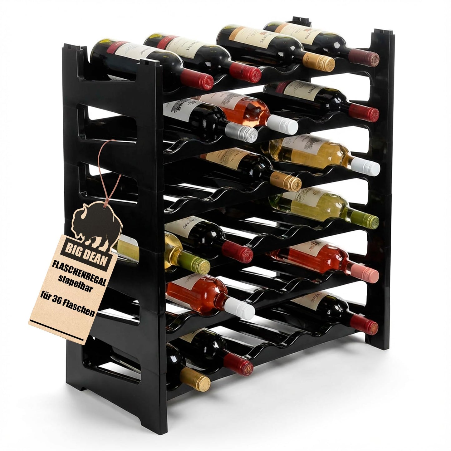 BigDean Bottle Rack Stackable for 72 Bottles Wine Rack Made of Plastic Black Drinks Rack Bottles Shelf System for Glass & PET up to 1.5 Litres