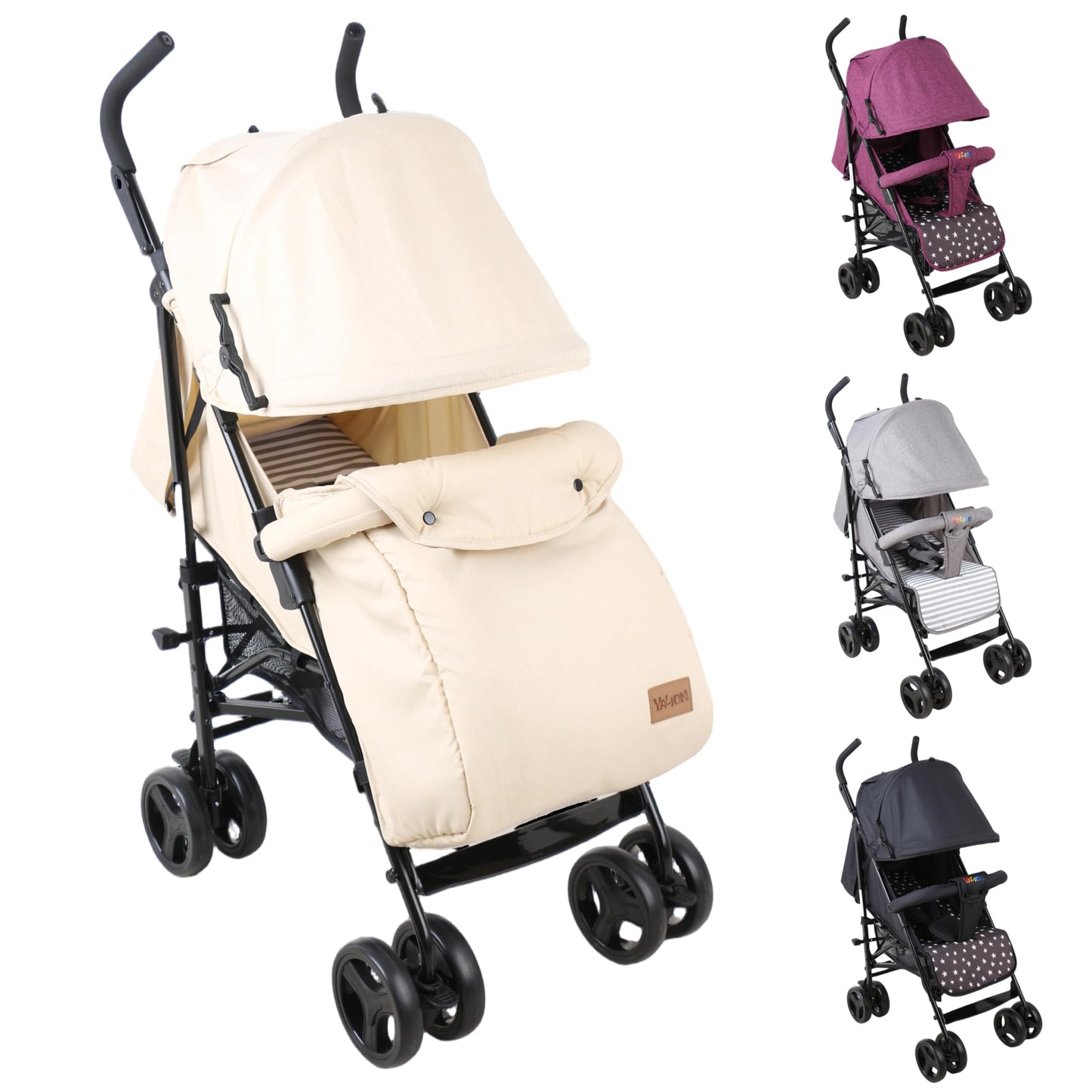 YALION Pushchair Buggy Travel Buggy Small Foldable 5 Reclining Positions Leg Warmer Shopping Basket Sun Canopy 360° Wheels Children's Buggy up to 15 kg Beige