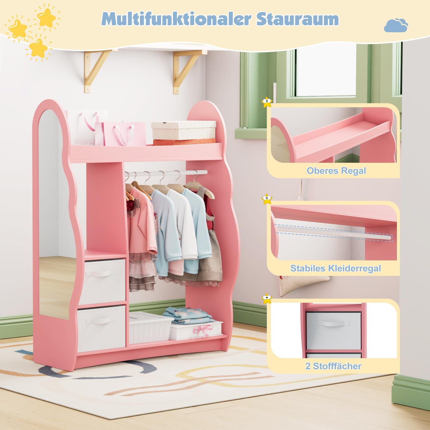 Children's Clothes Rack with Mirror, Clothes Rail with Shelves, Children's Wardrobe Wood, Children's Shelf for Children's Room, 81 x 28 x 106.5 cm (Clouds with 2 Drawers, White)