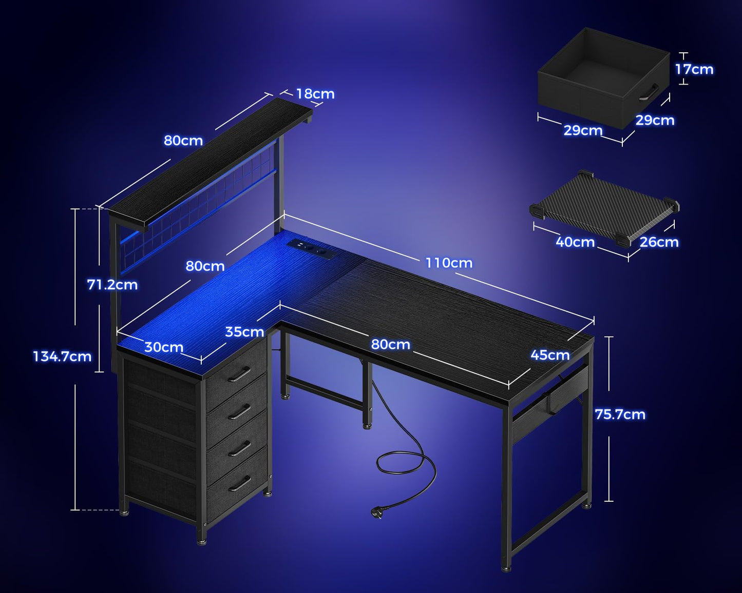 Coleshome Gaming Table with LED, 110 × 80 cm, Reversible Gaming Desk with Drawers & Sockets, Corner Desk with Storage Compartment & Storage Space, Black