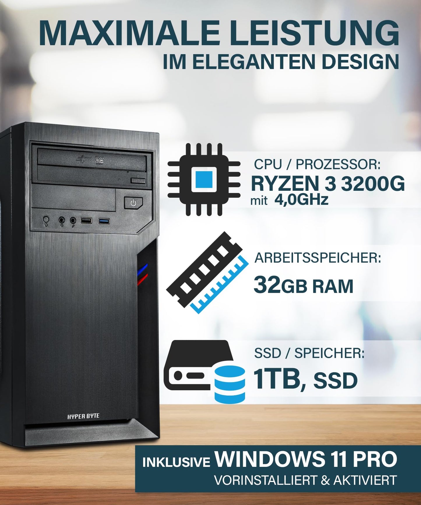 Office PC - Computer with AMD Ryzen 3 4.0GHz | 32GB RAM DDR4 | 1TB SSD Hard Drive | Win 11 Pro | WiFi | DVD+RW | USB 3.0 | High End Office Tower PC