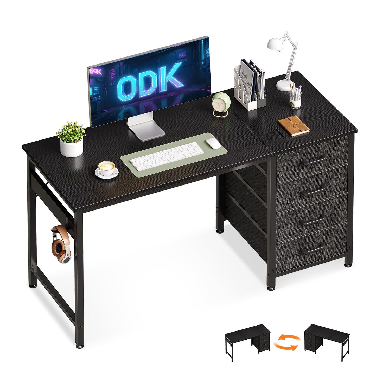 ODK Desk with 4 Drawers, 120 x 48 x 75.7 cm, Computer Desk with Headphone Holder, PC Table, Reversible Office Table, Wood for Home Office, White