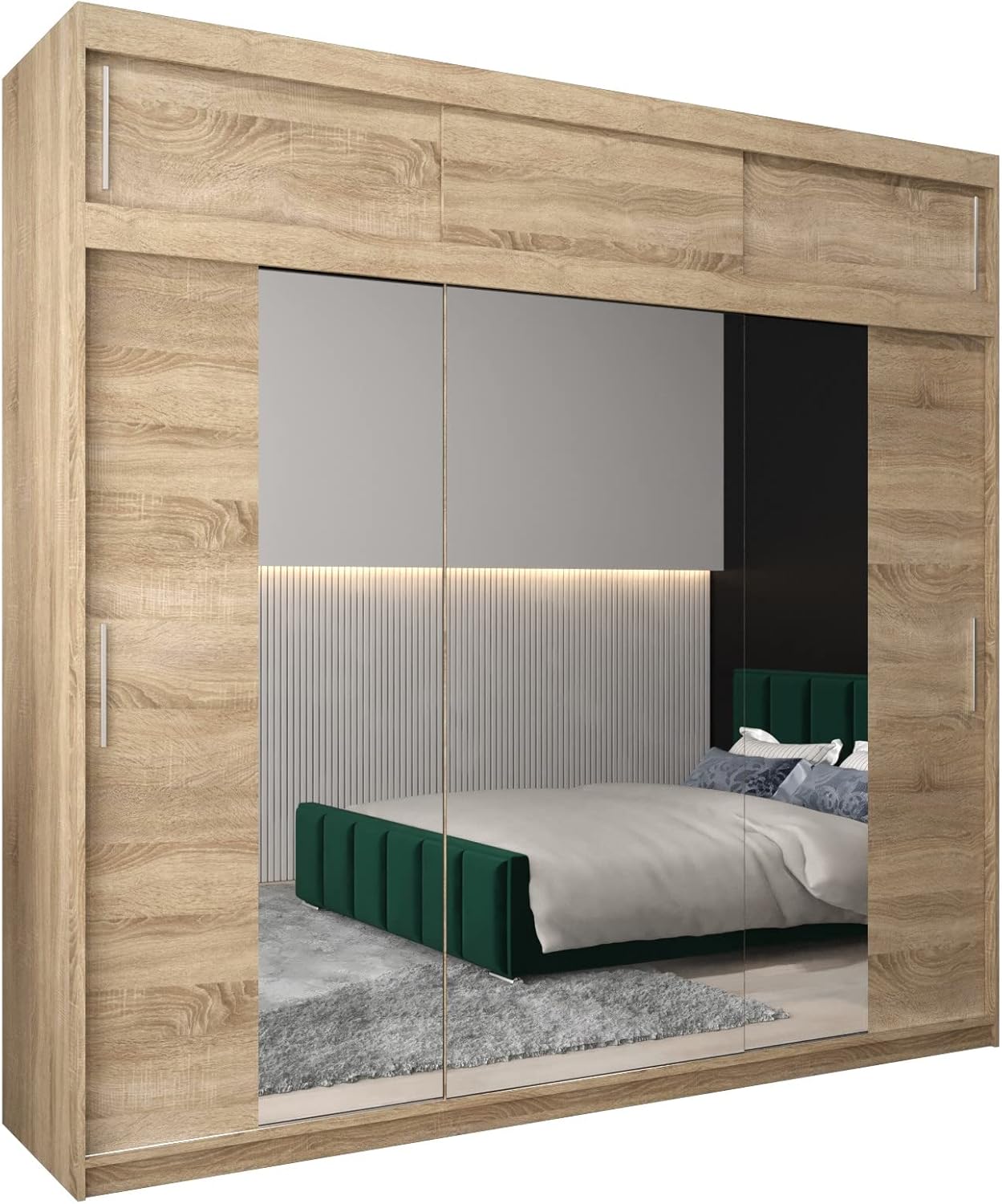 MEBLE KRYSPOL Kleiderschrank mit Spiegel Tokyo 2 - Garderobenschrank - Schrank Schlafzimmer - Mehrzweckschrank DREI Schiebetüren - Regalen - Flur Möbel - Kleiderstange Schrank - Allzweckschrank