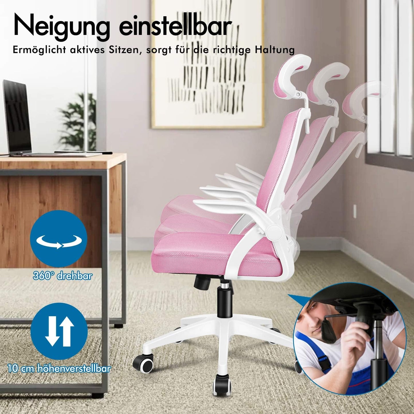 ALFORDSON Ergonomic Office Desk Chair, Computer Chair with Dynamic Lumbar Support, Tilting Swivel Chair with Flip Up Armrest, Black