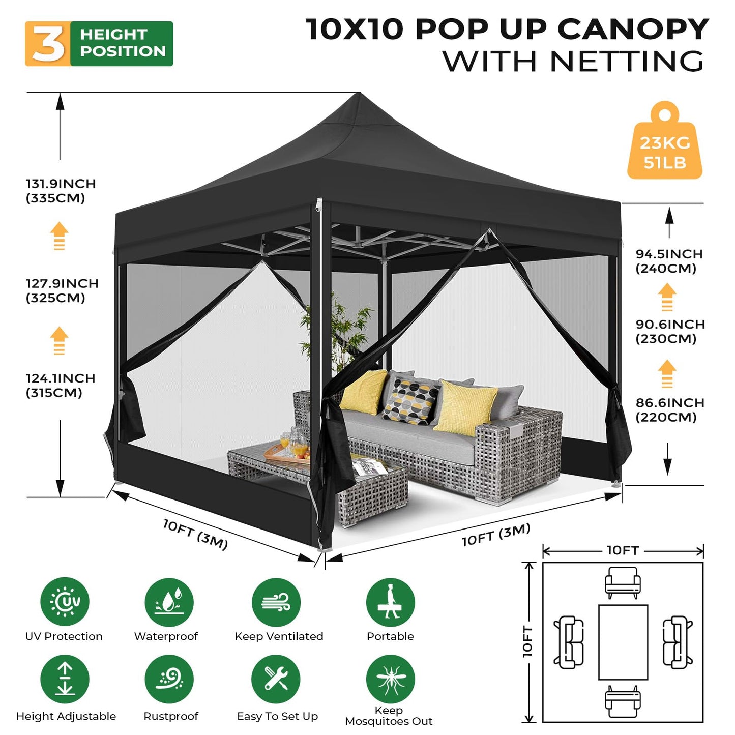 COBIZI Folding Gazebo 3 x 3 m Gazebo 3 x 3 m Waterproof Stable Party Tent Foldable with 4 Side Walls Mosquito Net Pop Up Garden Gazebo Anti-UV for Garden, Grey