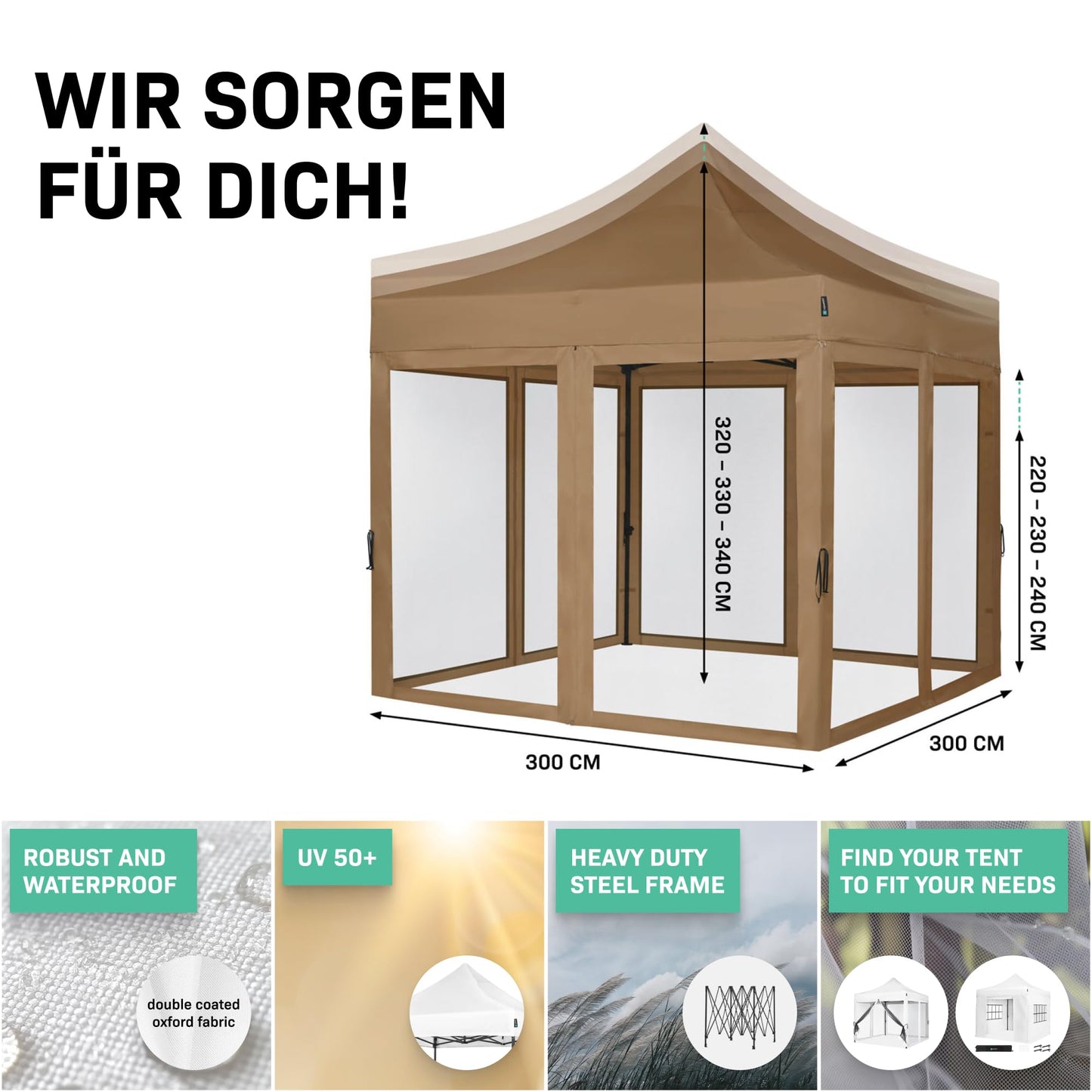 VONROC Gazebo 3 x 3 m Waterproof Stable – Party Tent EasyUp System [3Min Assembly] Pop-up Folding Gazebo Modular Expandable as Festival Tent, Garden Gazebo