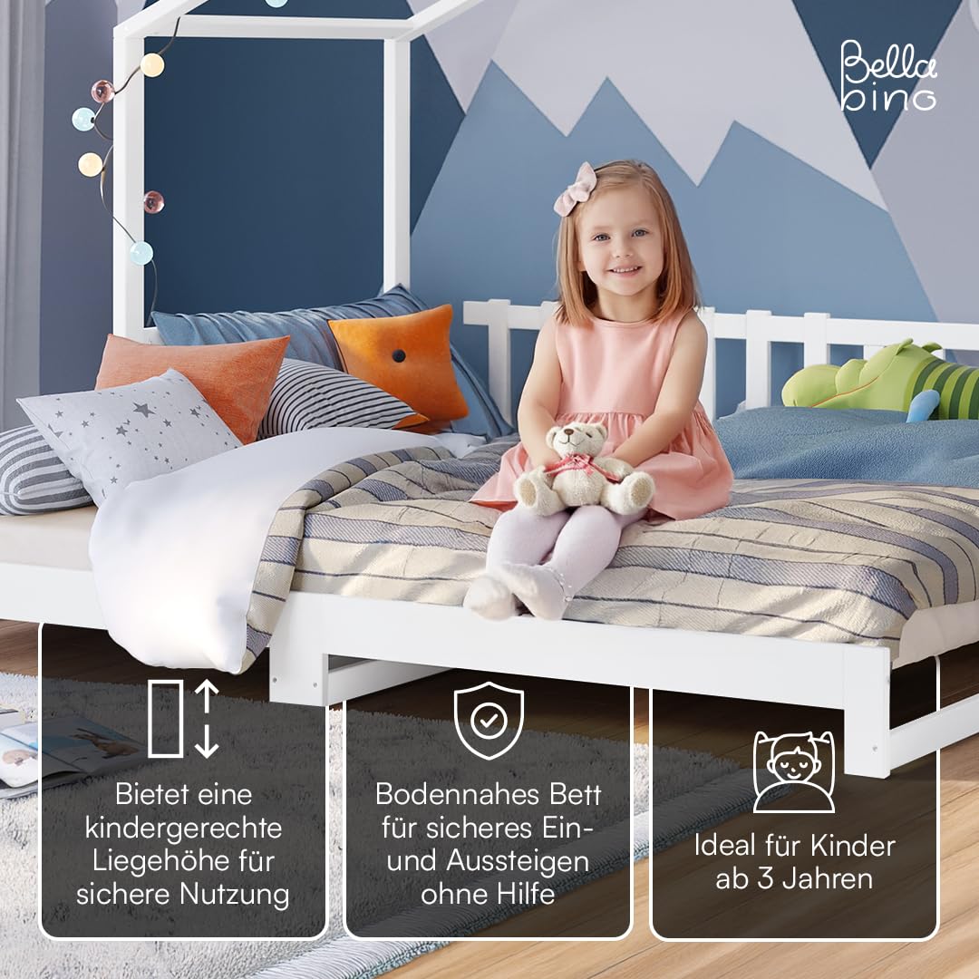 Bellabino Bia Children’s Bed, 90 x 200 cm, Children’s House Bed incl. Fall Protection and Rolled Slatted Frame, Montessori Floor Bed, White, Solid Pine Wood