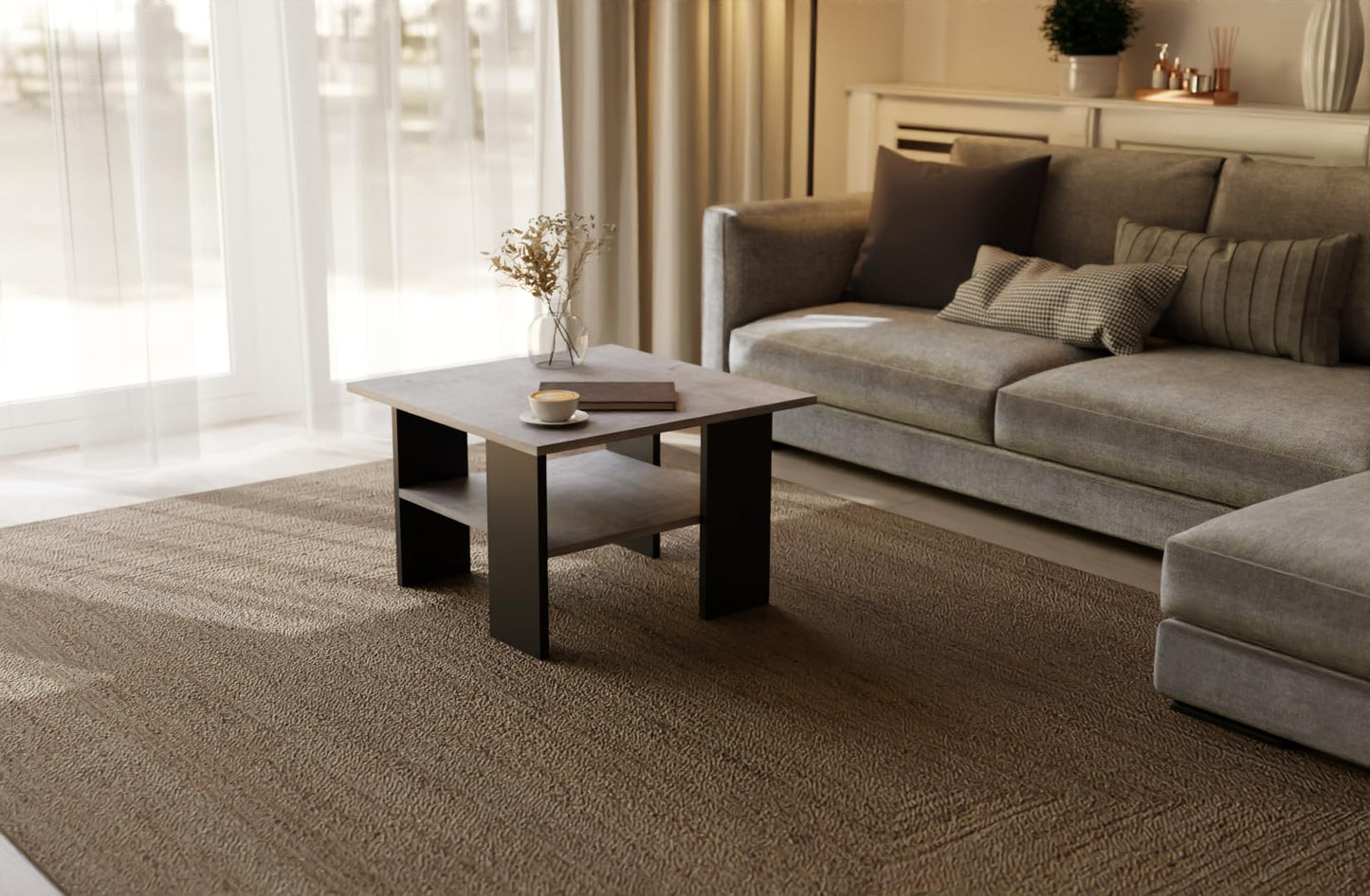 Artisan Coffee Table, Retro Loft Bench, Open Double Shelf, Skate Legs, Ideal for Coffee Get-Togethers, Laminated Top, Large Surface, Guaranteed Stability, White 3